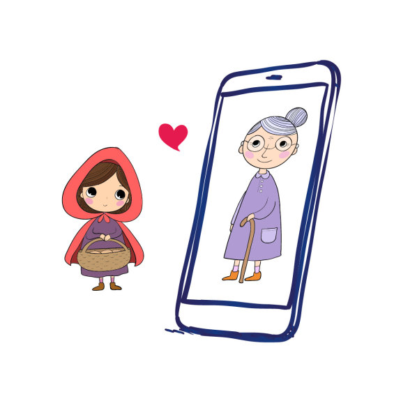 Illustration: Rotkäppchen blickt auf Handy mit Bild von Oma.